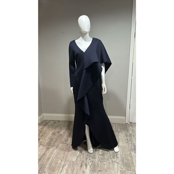 Badgley Mischka Navy Blue Asymmetric Ruffle Gown Size 2 - Picture 3 of 10